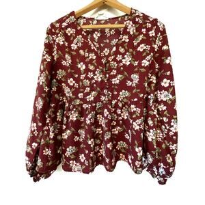 Loveriche maroon long ruffle sleeve, floral blouse lightweight button. Size M